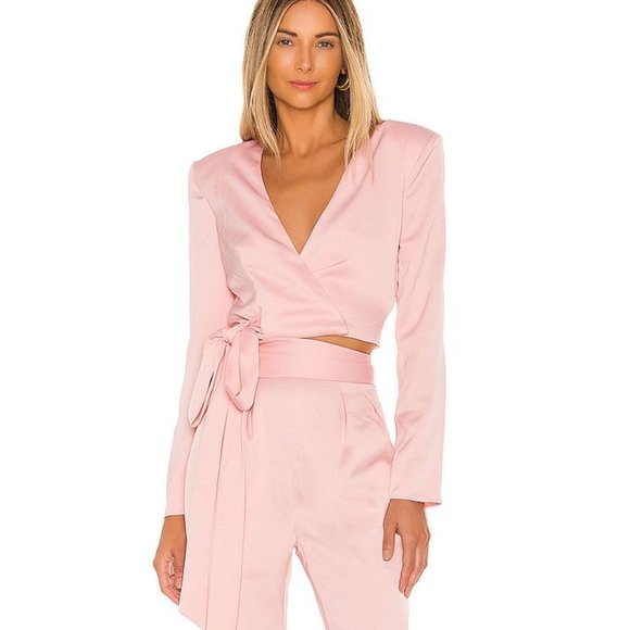 NBD Tops - NBD Rowen Wrap Tie Crop Top Padded Shoulders Pink